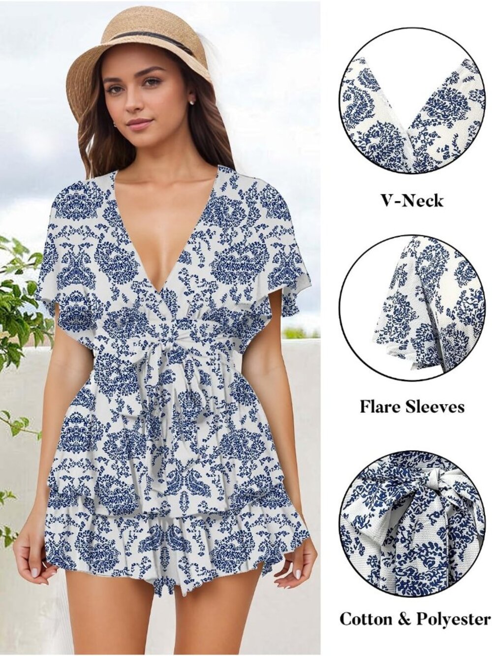 Womens Blue White Floral Floral Print Deep V Neck Double Layer Ruffle Hem Romper - Picture 3 of 3